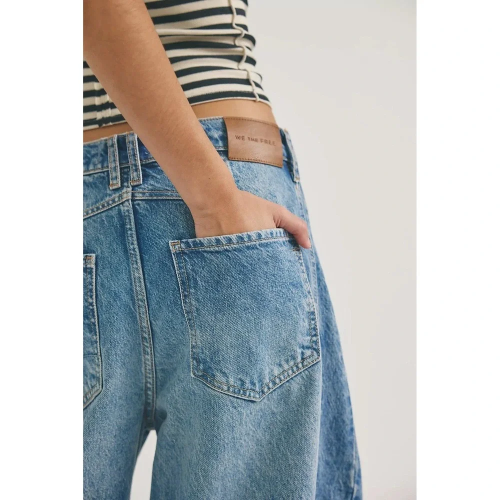 New Free People Good Luck Mid-rise Barrel Jeans Sz 25 Light Beam Jeans Distress